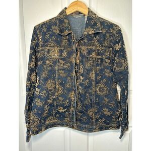 Bill Blass Jeans Vintage 90's Floral Printed Denim‎ Jacket Blue Tan Size P Large